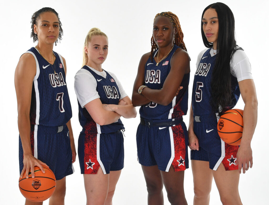 Team USA 3x3 players Cierra Burdick, Hailey Van Lith, Rhyne Howard, and Dearica Hamby