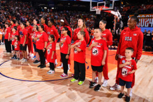 Team USA's 5x5 Basketball Team stands for the National Anthem before Saturday's WNBA All-Star Game