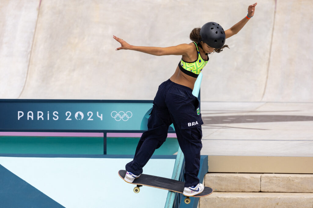 Brazilian skateboarder Rayssa Leal skates at a Paris Olympics practice session