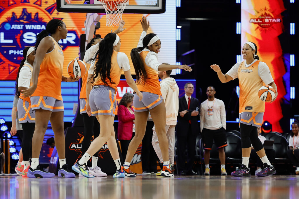 Team WNBA rookie Angel Reese at 2024 WNBA All-Star Game team practice in Phoenix, Arizona