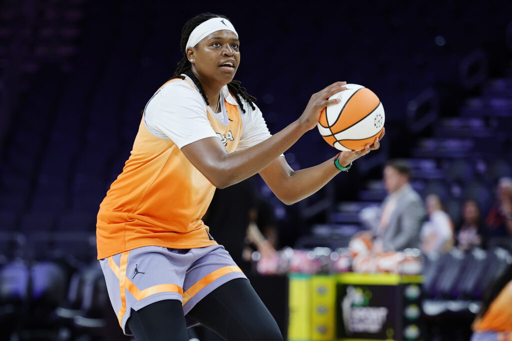 Team WNBA's Jonquel Jones lines up a shot at Friday's All-Star practice.