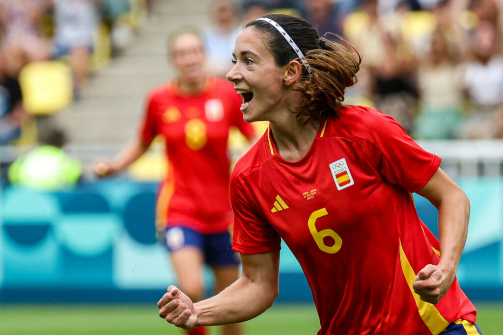 Spain's Aitana Bonmatí celebrates after scoring the opening goal against japan at the 2024 olympics