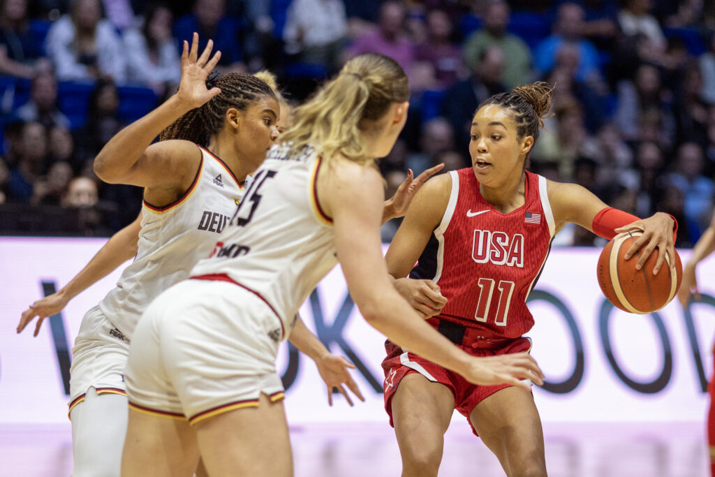 Napheesa Collier of Team USA at the USA vs. Germany basketball showcase in London