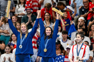 Team USA's Torri Huske and Gretchen Walsh on the Olympic podium