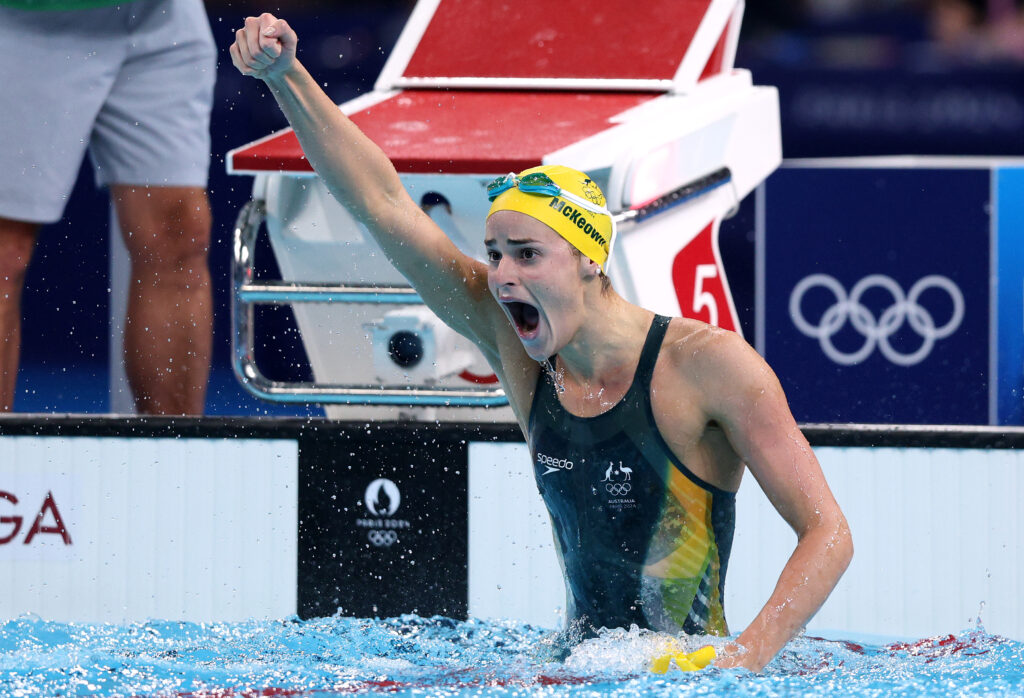 Australia swimmer Kaylee McKeown celebrates her Olympic gold in the 100-meter backstroke