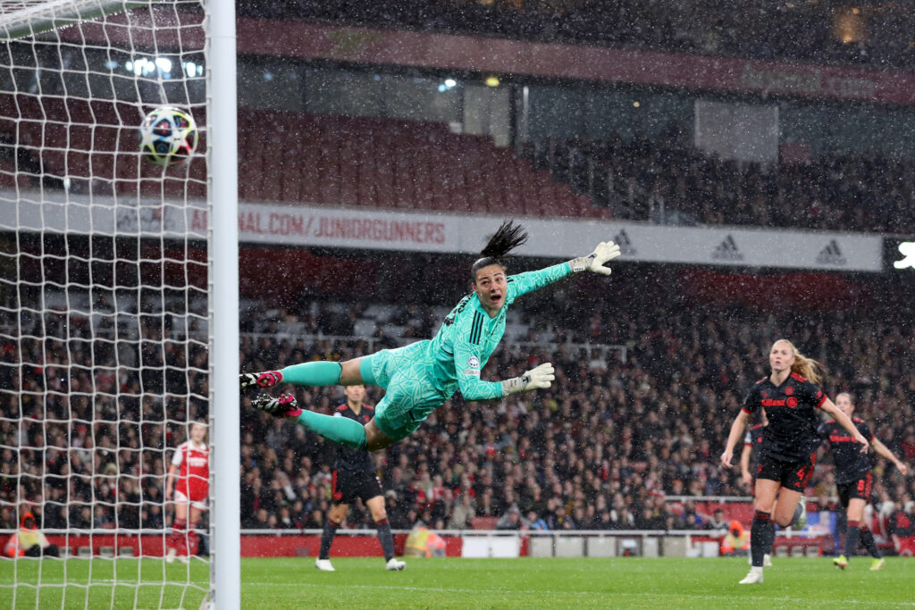 Bayern Munich goalkeeper Maria Luisa Grohs is beaten as Frida Maanum of Arsenal scores the opening goal during the UEFA Women's Champions League quarter-final 2nd leg match between Arsenal and FC Bayern Munich