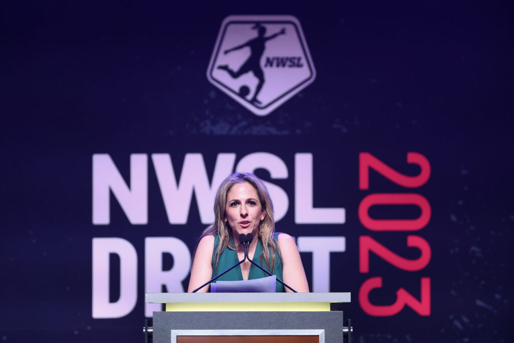 NWSL commissioner Jessica Berman speaks at the 2023 college draft.