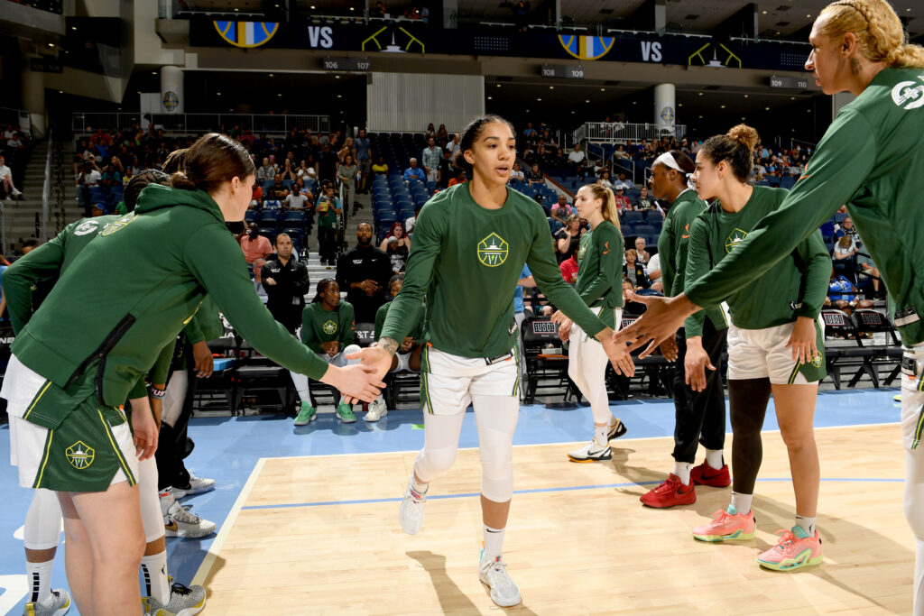 Gabby Williams takes the court for the Seattle Storm in a 2023 game after her WNBA trade from LA