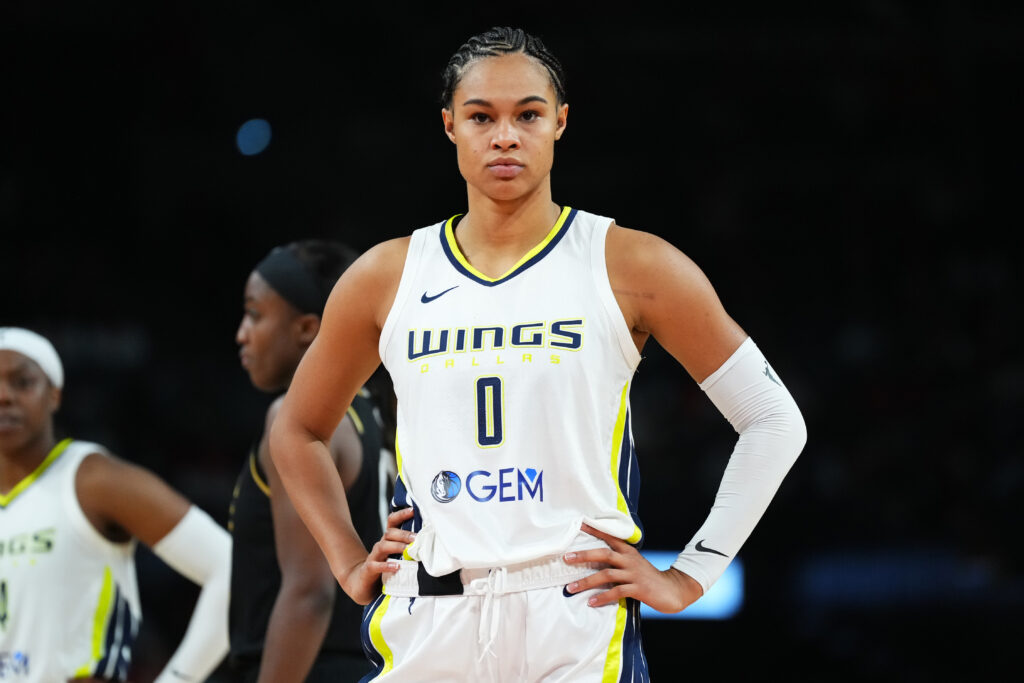 Satou Sabally stands with her hands on her hips during a Dallas Wings game