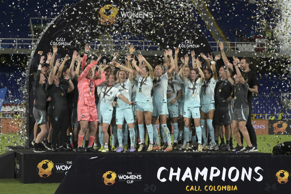 nwsl team gotham fc celebrating after winning the women's cup soccer tournament in colombia