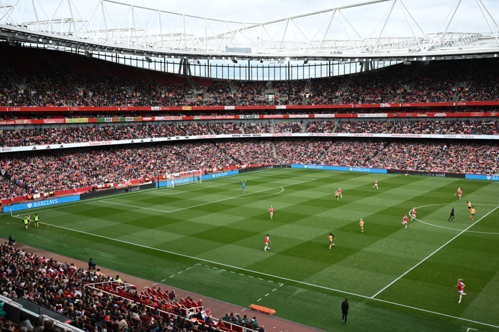 A packed Emirates Stadium watches the WSL's Arsenal vs. Leicester City match in April 2024.