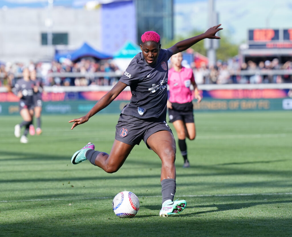 Bay FC striker Asisat Oshoala takes a shot