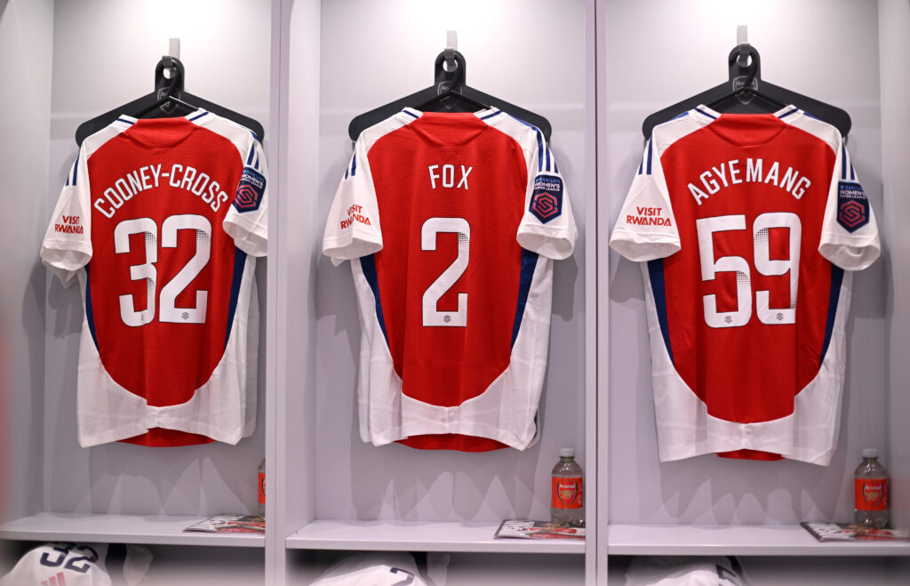 A general view of the soccer jerseys of Kyra Cooney-Cross, Emily Fox and Michelle Agyemang in the Arsenal dressing room