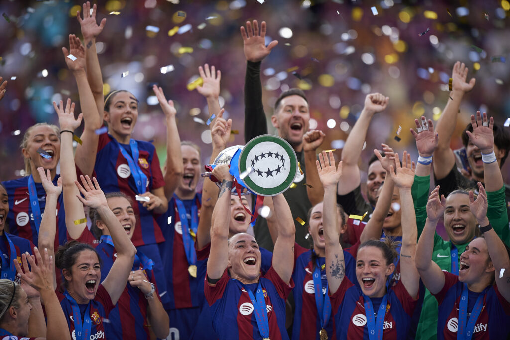 Liga F side Barcelona celebrates their 2024 UEFA Champions League victory over Lyon