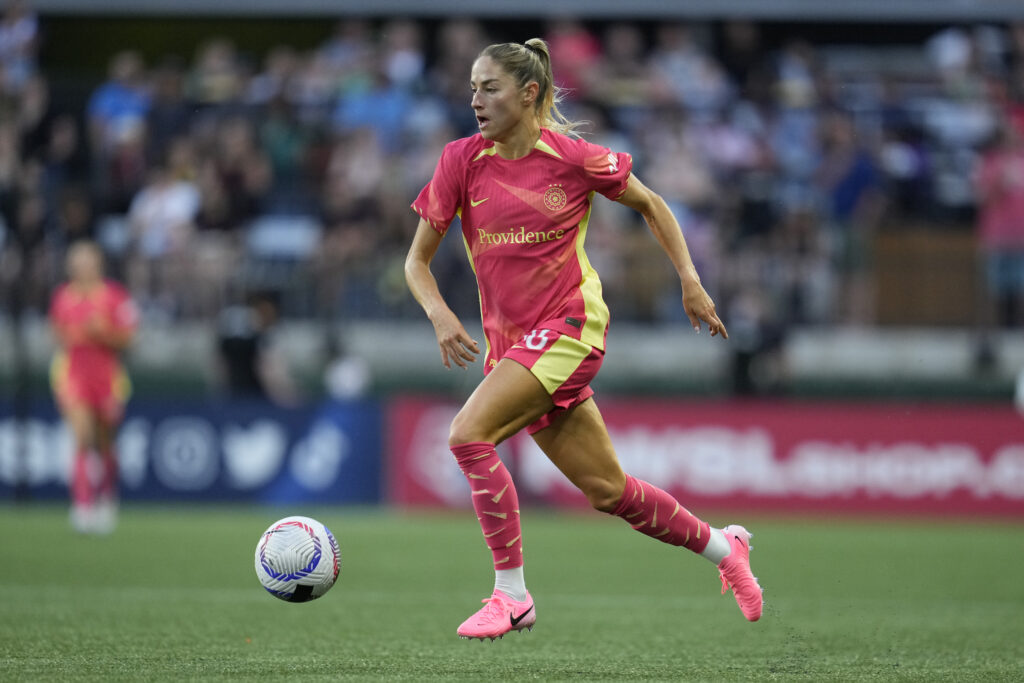 NWSL player Janine Beckie on the field for the Portland Thorns before her trade to Louisville