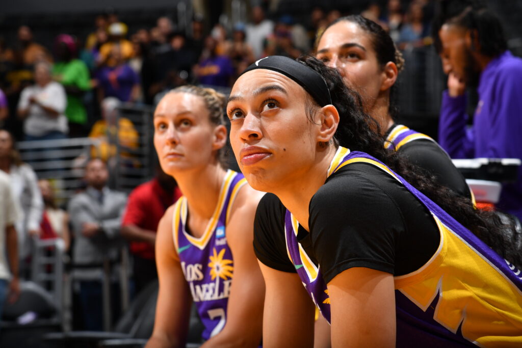 Dearica Hamby looks up from the LA Sparks bench during a July game.