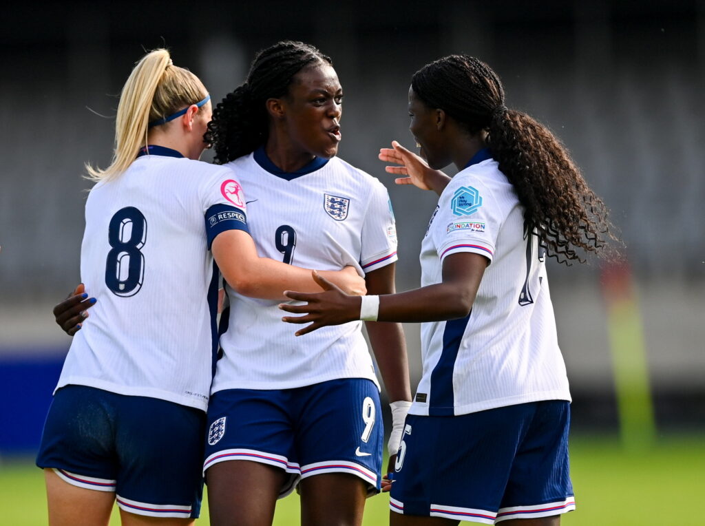 Michelle Agyemang of England, centre, celebrates with team-mates Alexia Potter, left, and Vivienne Lia after scoring her side's seventh goal during the UEFA Women's Under-19 Championship 2023/2024 Finals 