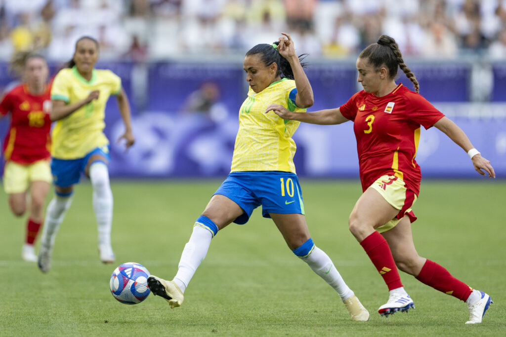 Brazil soccer star Marta on the field against Spain in the Olympics