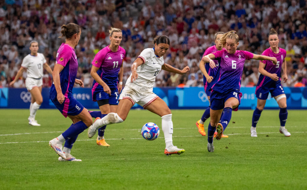 USWNT forward Sophia Smith shoots against Germany during the 2024 Paris Olympic s