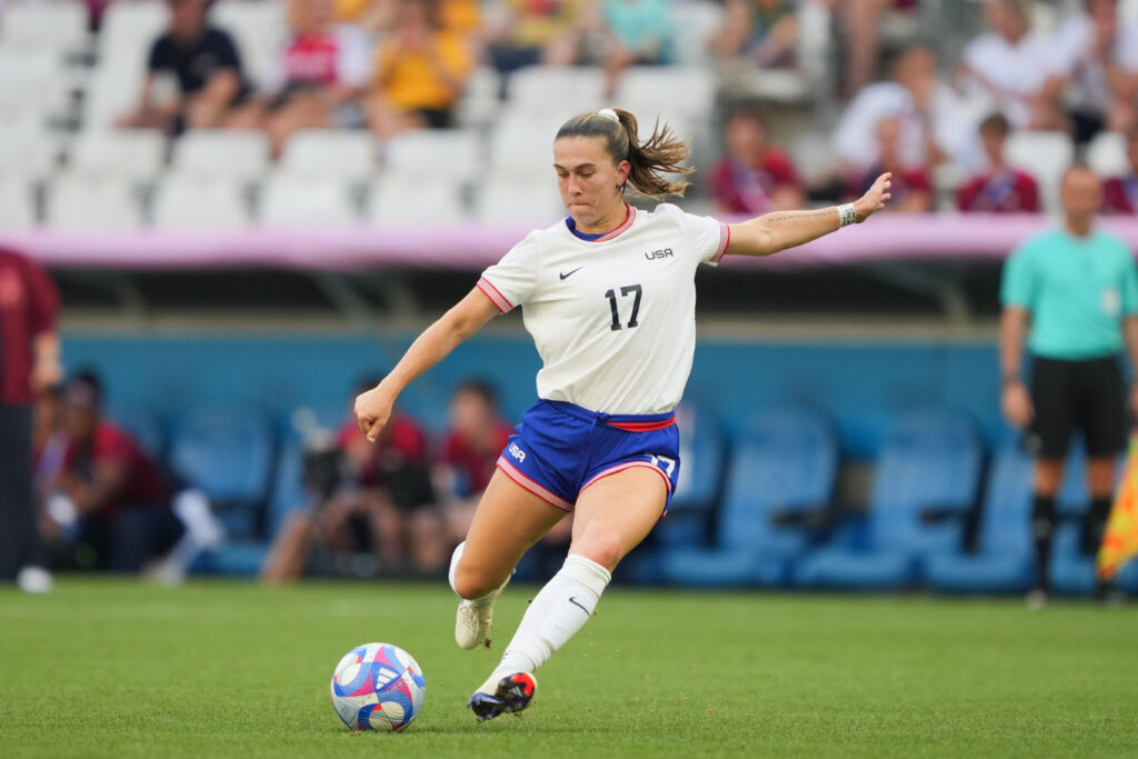 USWNT midfielder Sam Coffey on the field against Australia during the Olympics