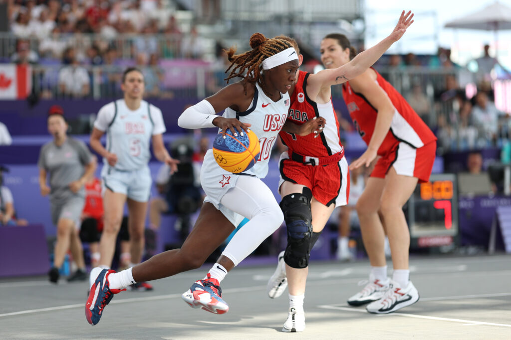 Team USA 3x3 star Rhyne Howard on the court against Canada at the Olympics