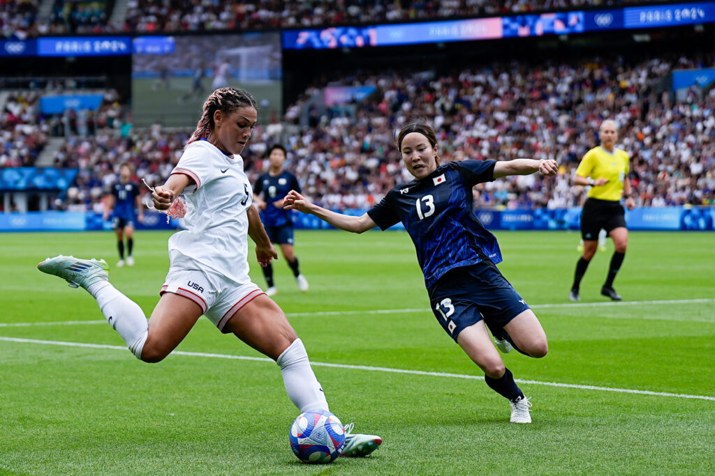 Trinity Rodman strikes the ball in the USWNT's 1-0 Olympic quarterfinal win over Japan