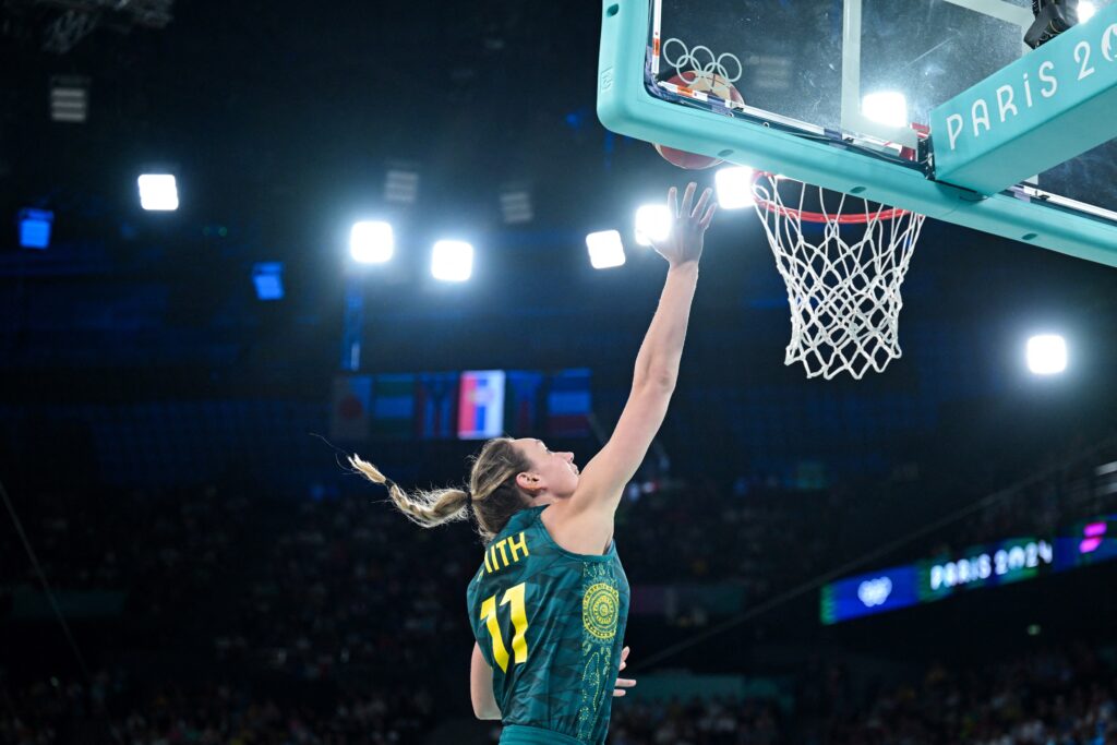 Australia's Alanna Smith lays up a shot in the Opals' Olympic quarterfinal win over Serbia