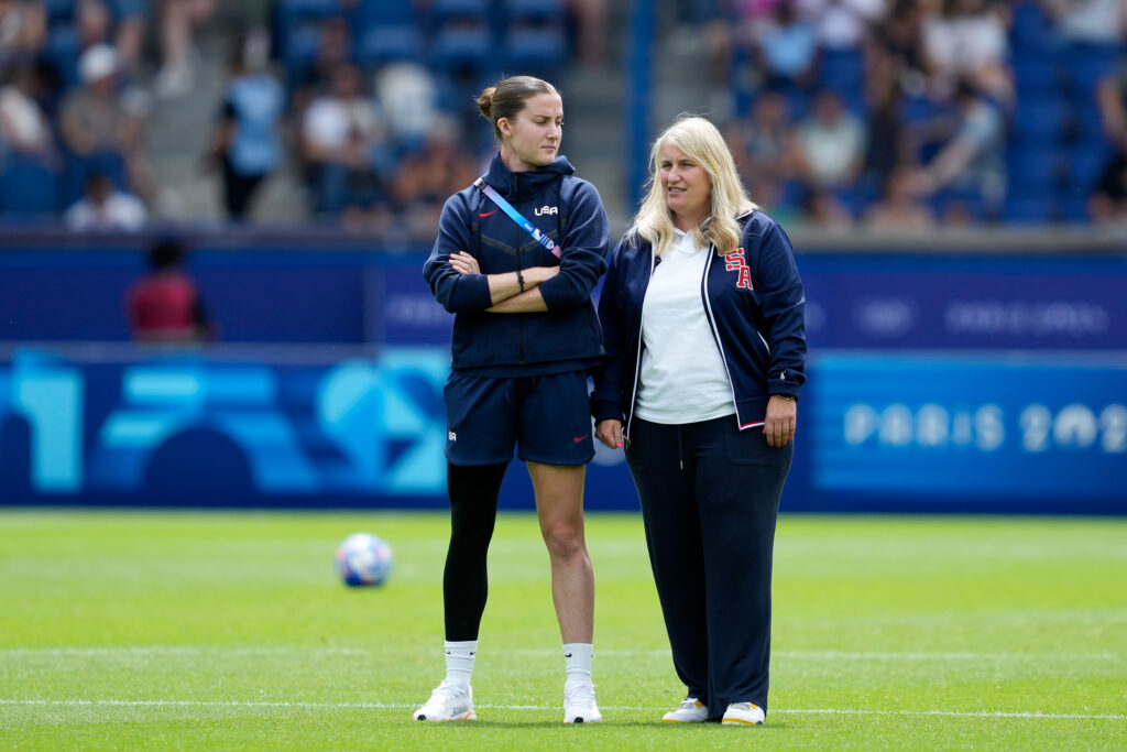 USWNT defender tierna davidson stand on the olympics field with coach emma hayes