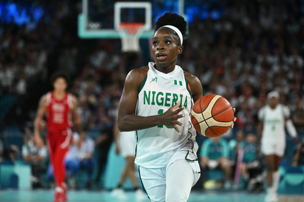 Nigeria's Promise Amukamara dribbles up the Olympic quarterfinal court