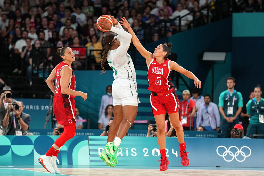 Kelsey Plum leaps to block a Nigeria player's shot in Team USA's Olympic quarterfinal win