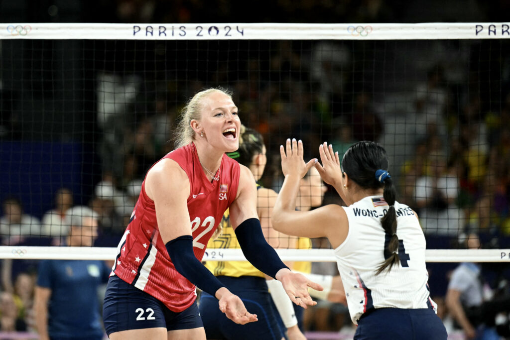 USA Volleyball star Kathryn Plummer celebrates in the Olympic semifinal win over Brazil