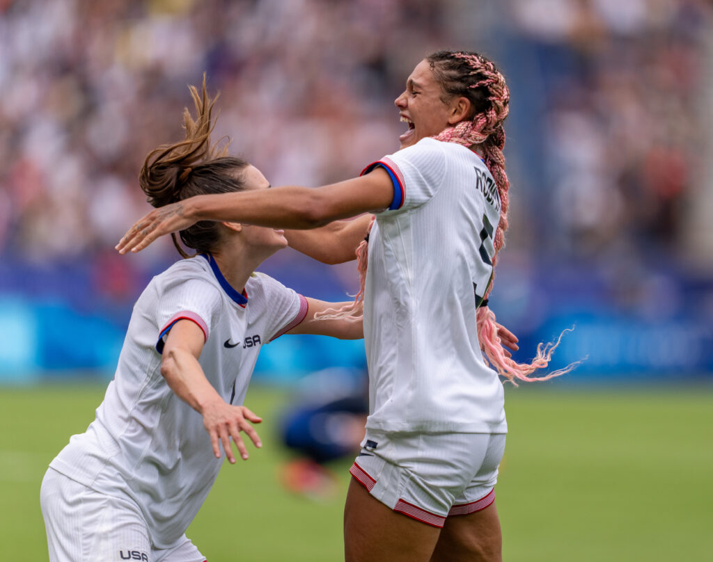 Trinity Rodman of the USWNT celebrates her goal at the 2024 Paris Olympics Quarterfinal soccer match against Japan