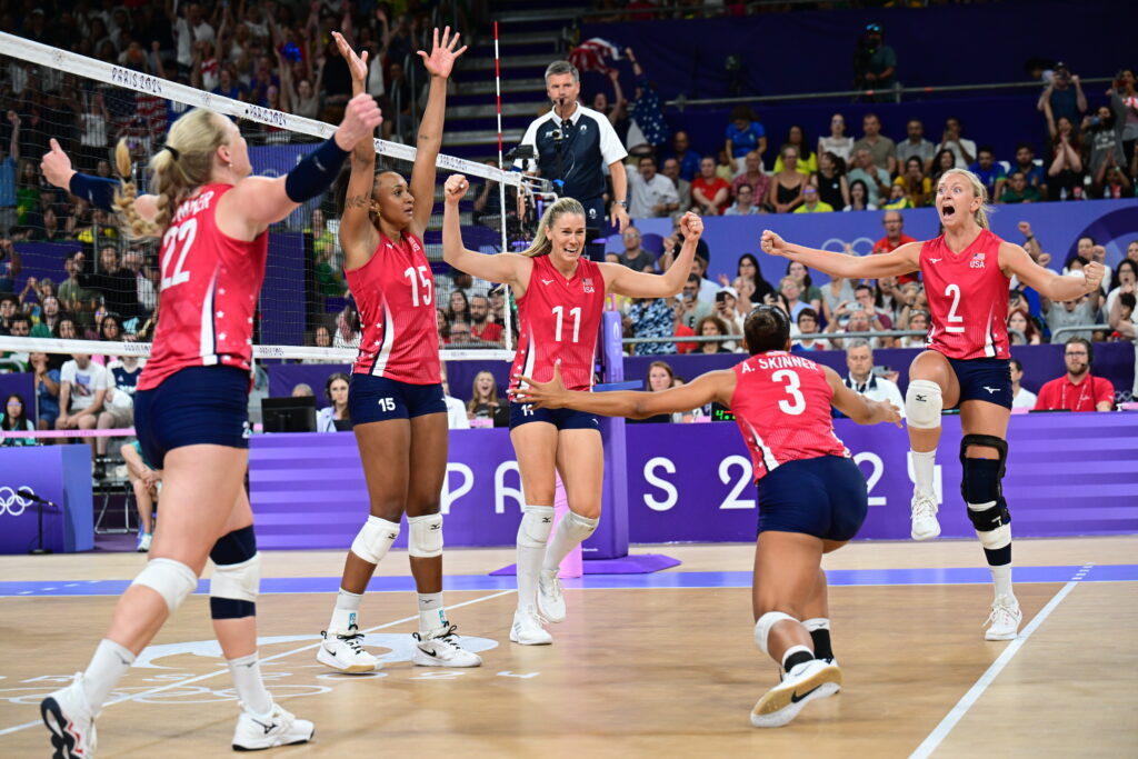 USA Volleyball celebrates their Olympic semifinal win over Brazil