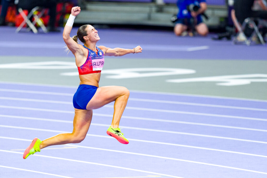 Team USA track and field athlete Valarie Allman celebrates her back-to-back olympic gold medal discus wins