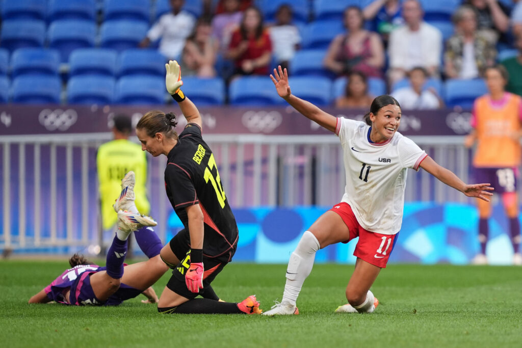 USWNT forward Sophia Smith celebrates scoring against Germany at the Olympic Games Women's semifinal match