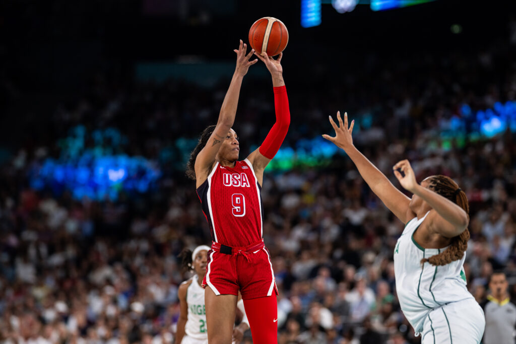 Team USA star A'ja Wilson shoots against Nigeria in the Olympic basketball quarterfinal