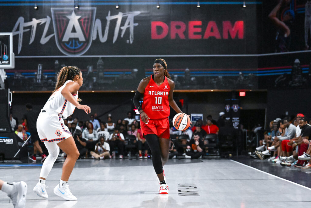 Rhyne Howard dribbles up the Atlanta court in her Dream's Sunday win over the Sun