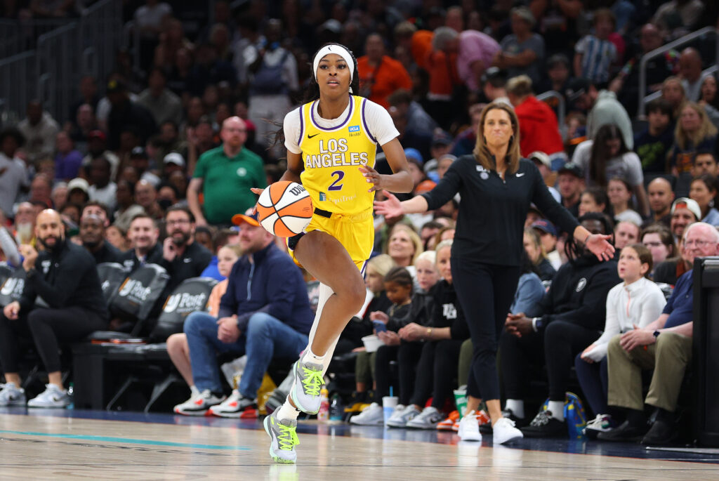 LA Sparks rookie Rickea Jackson dribbles up the court.