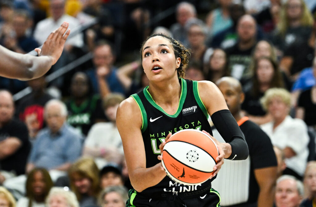 Napheesa Collier shoots during her Minnesota Lynx's first season win over the Indiana Fever on Saturday