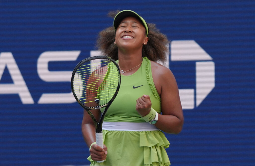 Japan's Naomi Osaka celebrates her upset win over No. 10 Jelena Ostapenko in the 2024 US Open's first round