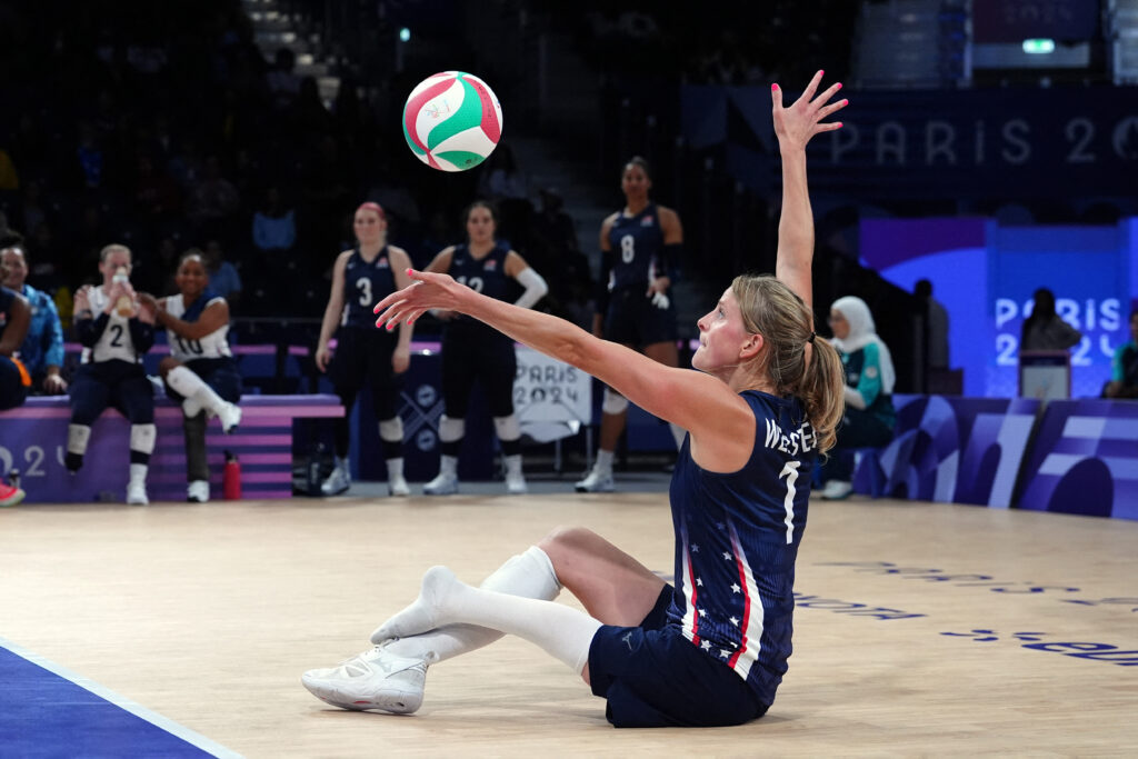 Team USA sitting volleyball star Lora Jessica Webster on the court at the Paris Paralympics