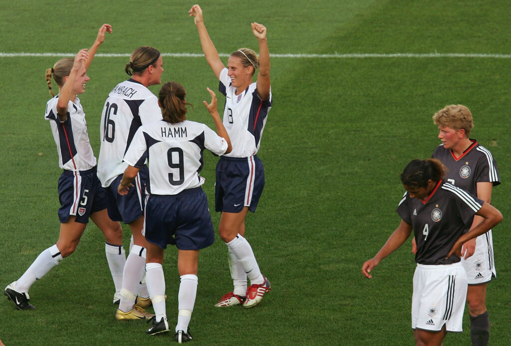 USWNT player Kristine Lilly after scoring a semifinal goal against Germany in the 2004 Olympics