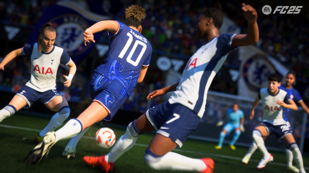 A still from EA Sports FC 25 video game showing Lauren James of Chelsea playing against Tottenham Women.