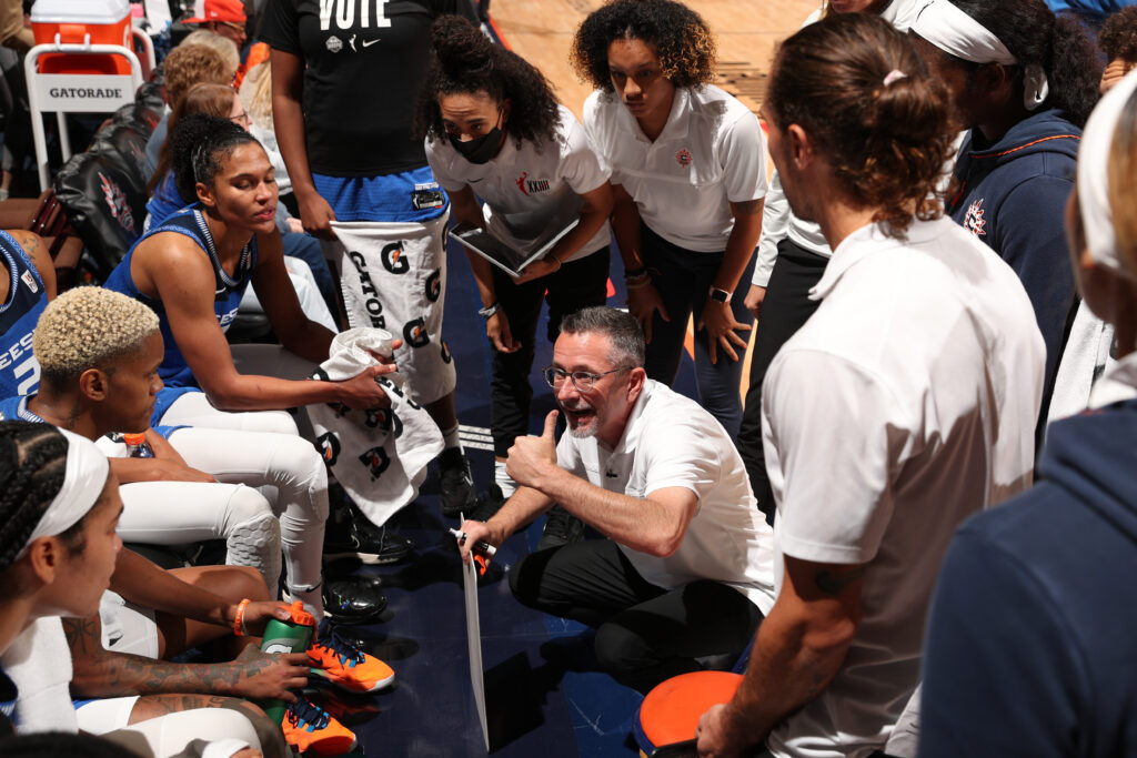 Head Coach Curt Miller of the Connecticut Sun talks to the team during Game 4 of the 2022 WNBA Finals 