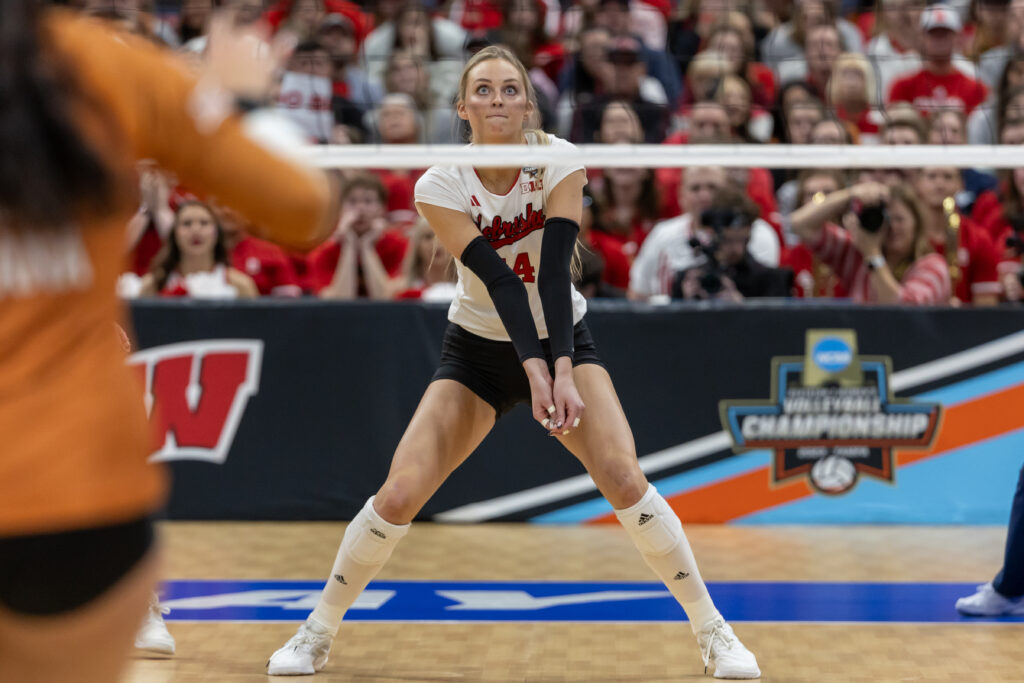 Nebraska outside hitter Ally Batenhorst preps for a dig during a game.