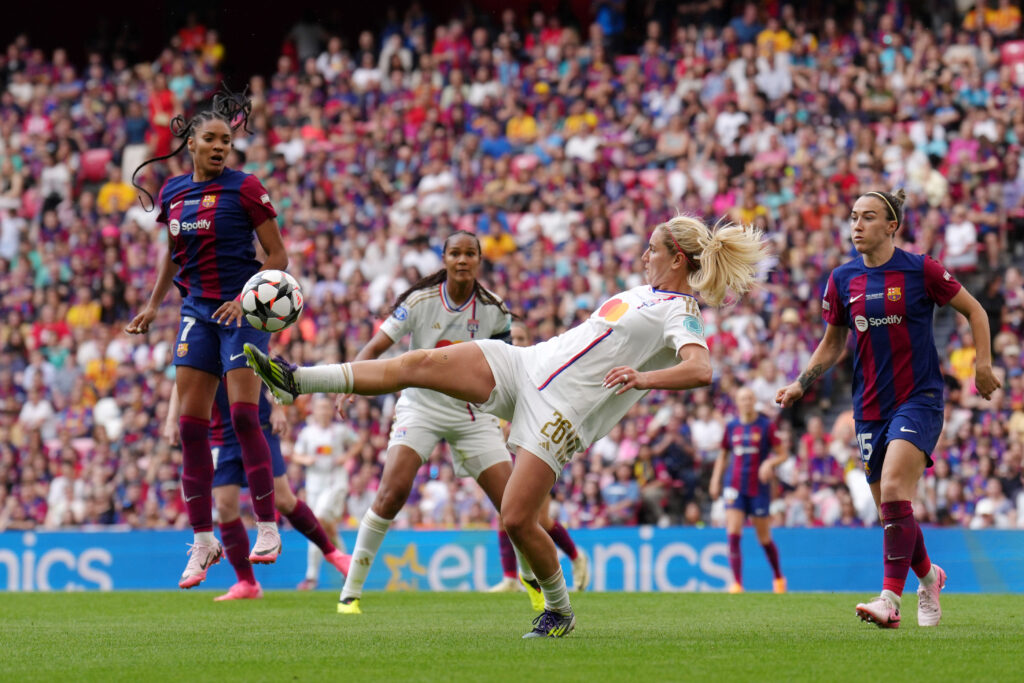 Lyon's Lindsey Horan kicks the ball in last season's UWCL final