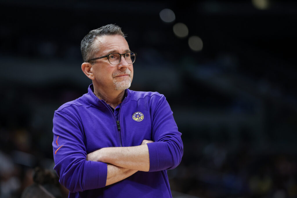 Head Coach Curt Miller of the Los Angeles Sparks looks on during the first half of a 2024 WNBA game.