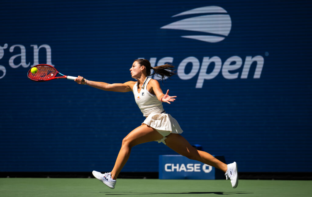 US tennis player Emma Navarro hits the ball in her 2024 US Open quarterfinal win