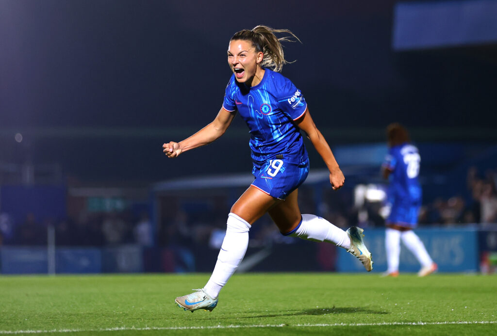 Midfielder Johanna Rytting Kaneryd celebrates her game-winning goal in Chelsea's 2024/25 WSL season opener.