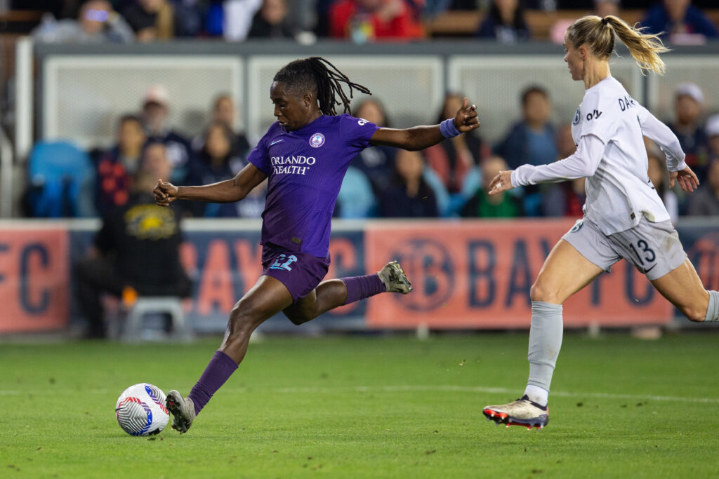 Orlando's Barbra Banda strikes the ball during a match.